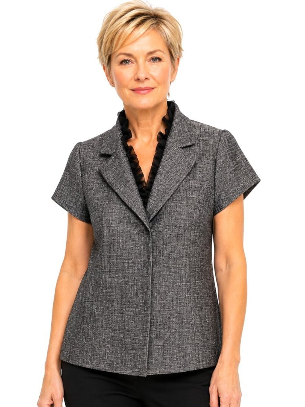 Classiques Entier Grey Wool Ruffle Neck Cap Sleeve Jacket